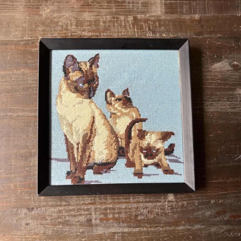 Vintage Siamese Cat Family Needlepoint Custom Framed Wall Art 12.5x12.5 Square